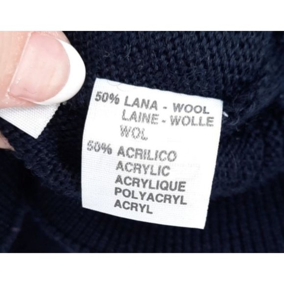 VTG 90s Kingfield Navy Blue Wool V-Neck Geometric Embroidered Velvet Sweater L - Picture 8 of 10